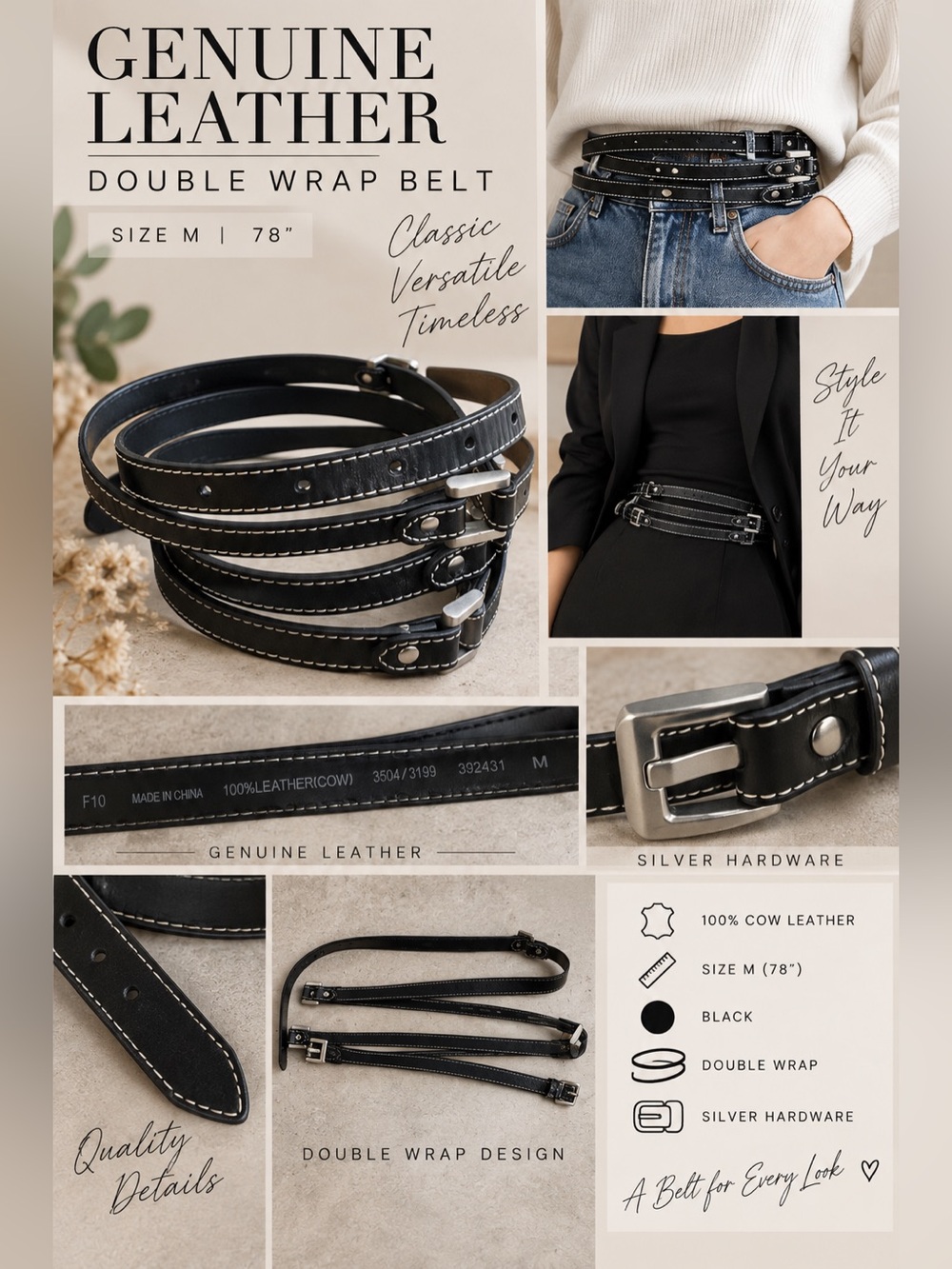 Genuine Leather Black Double Wrap Belt Size M 78” Silver Hardware